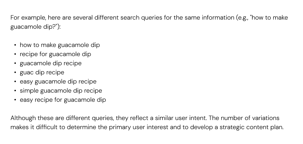 A screenshot showing a bulleted list of various search queries related to making guacamole, such as "how to make guacamole dip," "guac dip recipe easy," and "simple guacamole dip recipe."